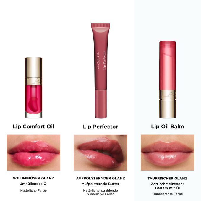 Das komplette Sortiment an Lippenpflegeprodukten von Clarins, einschlie&szlig;lich Lip Oil Balm und Plumping Lip Perfector f&uuml;r ein nat&uuml;rliches, strahlendes und intensives Finish