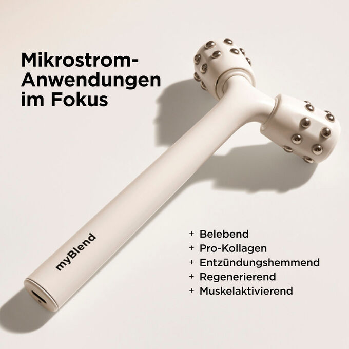 Wei&szlig;es myLIFTINGroller Gesichtslifting-Massageger&auml;t mit einer Liste der Vorteile, die die Anti-Aging-Wirkung durch Mikrostrom hervorhebt.