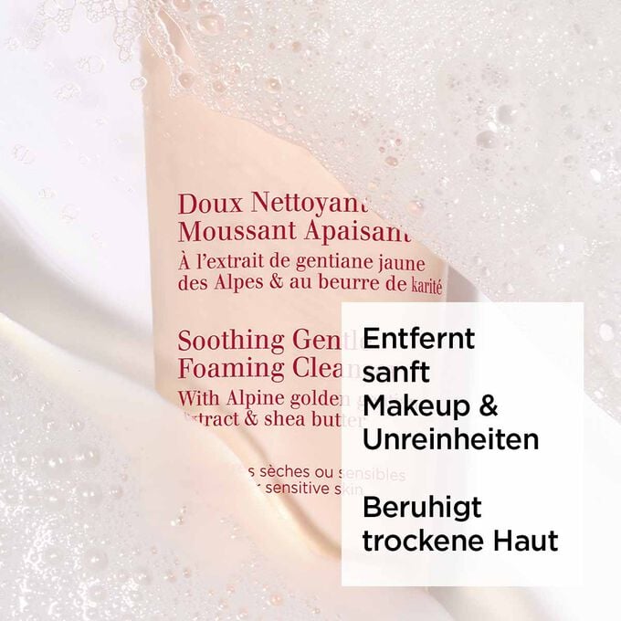 Hellrosa Tube des schäumenden Gesichtsreinigers von Clarins unter Schaum mit Text über seine reinigende Wirkung