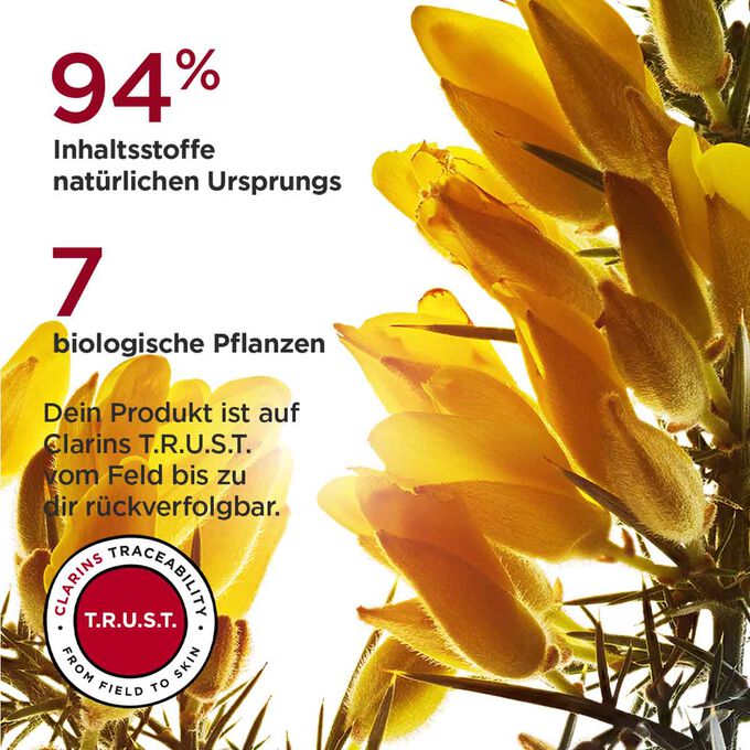 Gelbe Blüten mit Textinfo zu 94% Inhaltsstoffen natürlichen Ursprungs, 7 Bio-Pflanzen, die in der Multi-Intensive Tagescreme