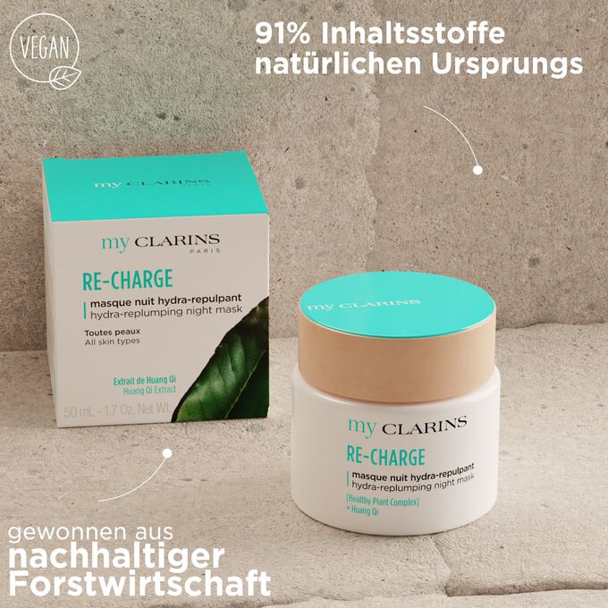 My Clarins Nachtmaske mit Textinfo: Textur 91% natürlichen Ursprungs, Faltschachtelpapier aus nachhaltiger Forstwirtschaft