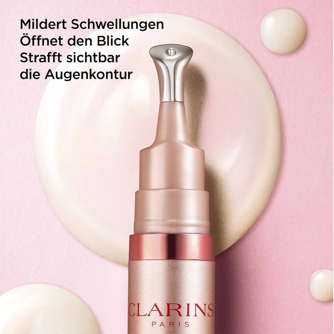 Clarins V Shaping Augenserum mit Text, der besagt, dass es Schwellungen mildert, den Blick öffnet und die Augenkontur strafft