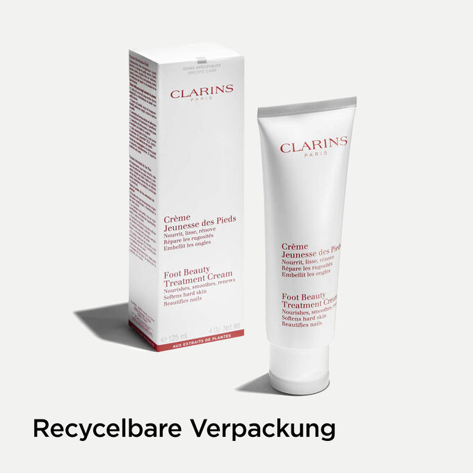Tube Clarins Jeunesse des Pieds mit Faltschachtel und Textinfo, dass die Verpackung rcycelbar ist.