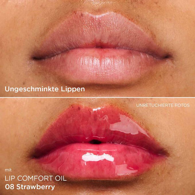 Vorher-Nachher-Nahaufnahme der Lippen einer Frau, die das Ergebnis nach der Anwendung des dunkelrosa Lippenöls zeigt
