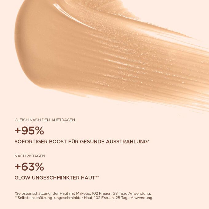Texturklecks Clarins Skin Illusion Tinted Moisturiser in shade 02, mit Textinfo über natürlich-gesunde Ausstrahlung.