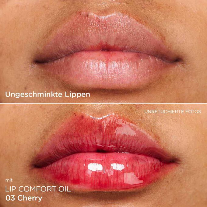 Vorher-Nachher-Nahaufnahme der Lippen einer Frau, die das Ergebnis nach der Anwendung des dunkelroten Lippenöls zeigt