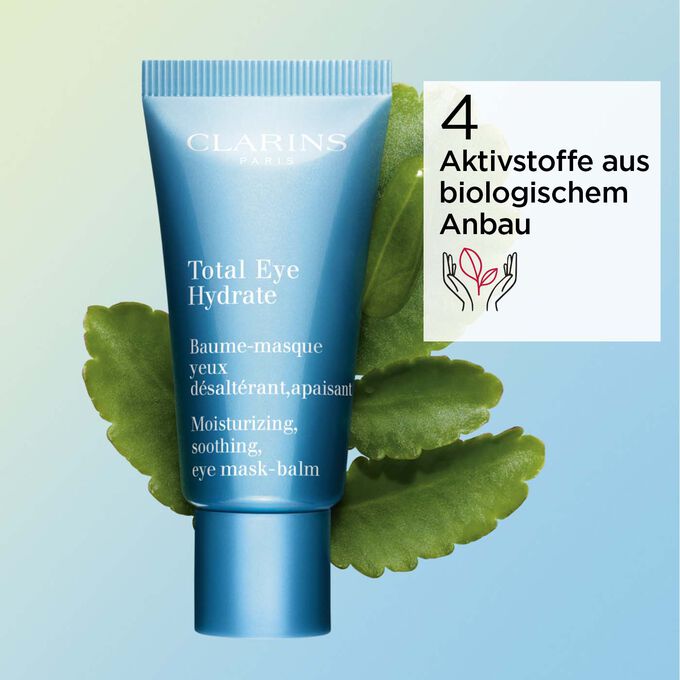 Total Eye Hydrate mit Info, dass 4 Aktivstoffen aus biologischem Anbau stammen