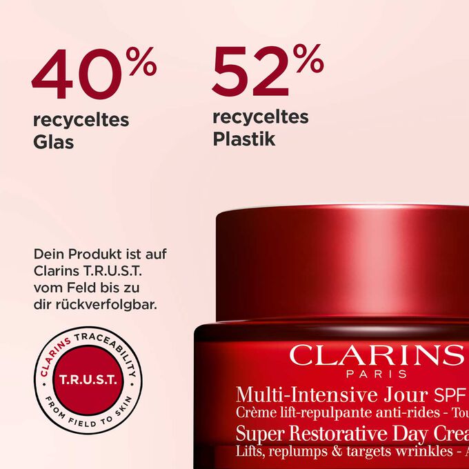 Tiegel der retinolähnlichen Tagescreme mit SPF und Textinfo über nachhaltiges Packaging und Rückverfolgbarkeit über TRUST