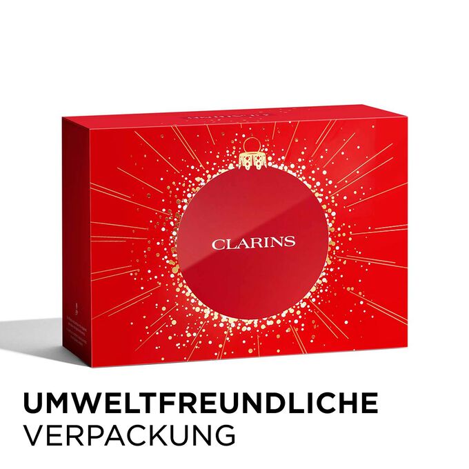 Clarins Weihnachtsgeschenk-Faltschachtel aus umweltfreundlicher Verpackung, die Nachhaltigkeit unterstreicht.