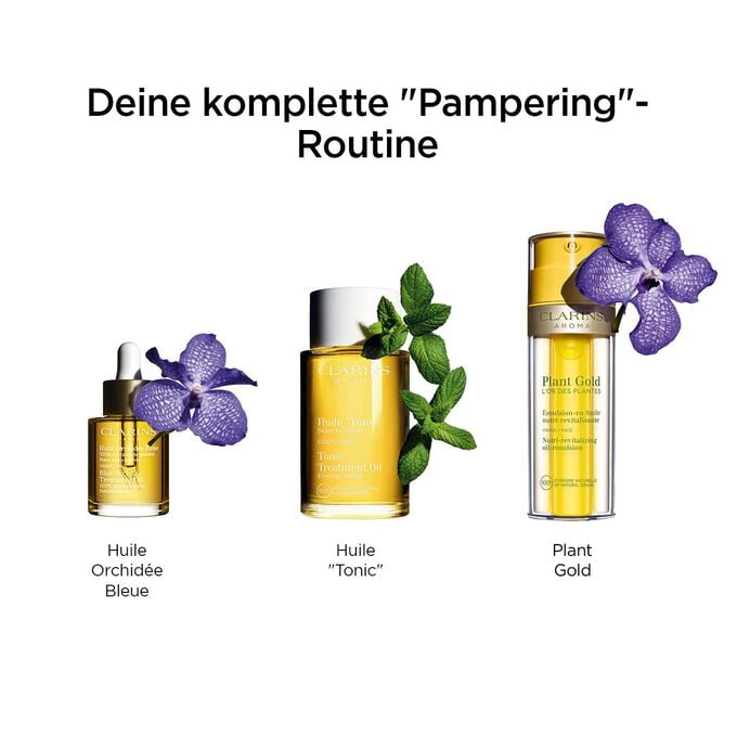 Eine Routine, um die Haut zu pampern mit Huile Orchid&eacute;e Bleue, Huile Tonic und Plant Gold