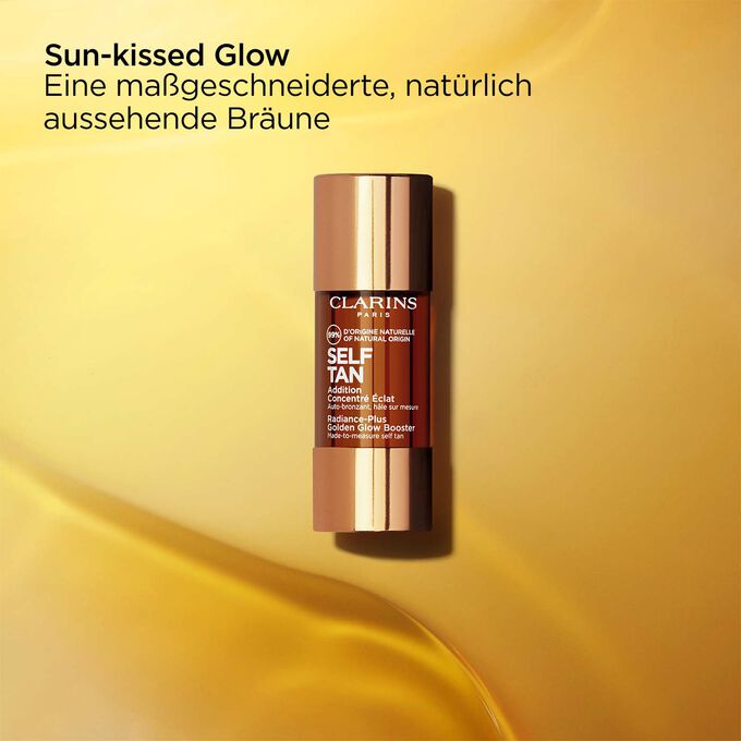 Clarins Selbstbräuner Addition Concentré Eclat für das Gesicht, mit Text, dass sie einen sonnengeküssten Glow verleihen