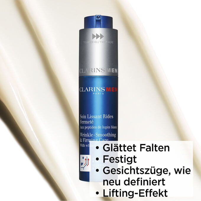 Pumpspender Soin Lissant Rides Fermeté auf einem Creme-Hintergrund, mit Textinfo über straffende und liftende Wirkung.