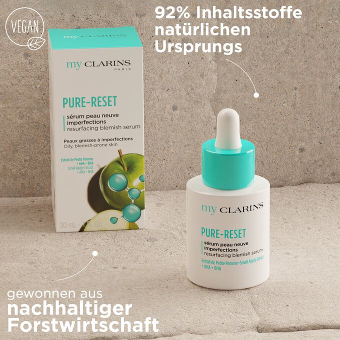 Pure-Reset Serum mit Textinfo: Textur  92% natürlichen Ursprungs, Faltschachtelpapier aus nachhaltiger Forstwirtschaft