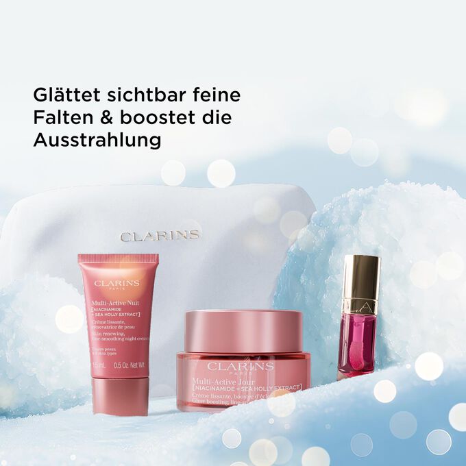 Clarins Weihnachtsset mit der Einstiegs-Anti-Aging-Pflege, die Fältchen glättet und müder Haut neue Ausstrahlung verleiht.