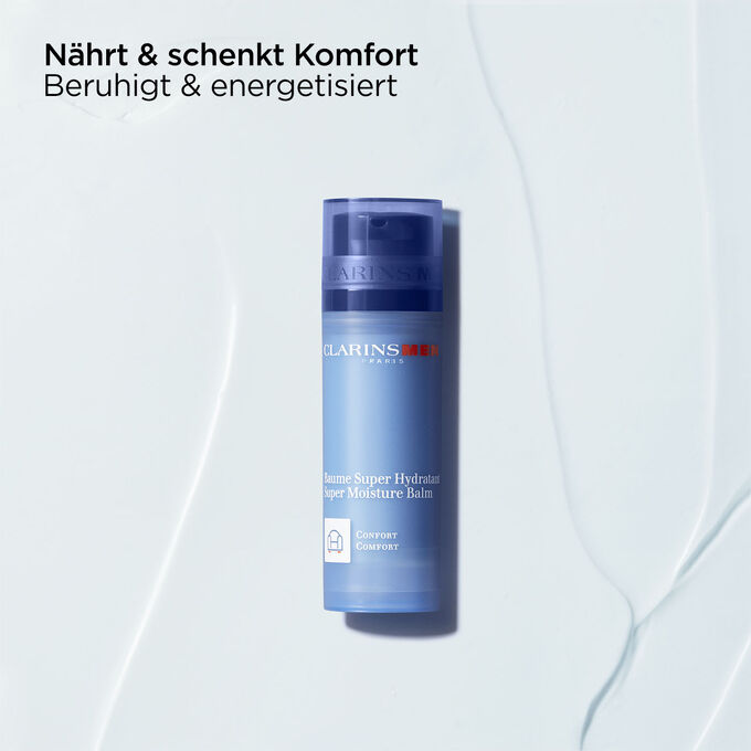 ClarinsMen Feuchtigkeitsbalsam mit Text, der über die beruhigende und energetisierende Kraft des Produkts informiert