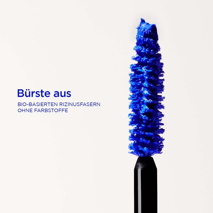 Wonder Volume Mascara XXL-Bürste in Blau mit Textinfo über ihre biobasierten Rizinusfasern ohne Zusatz von Farbstoffen.