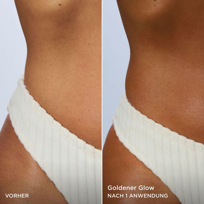 Vorher-Nachher-Vergleich Frauenk&ouml;rper, hat nach einer Anwendung Clarins Lait Fondant Auto-Bronzant nat&uuml;rlich-goldenen Glow.