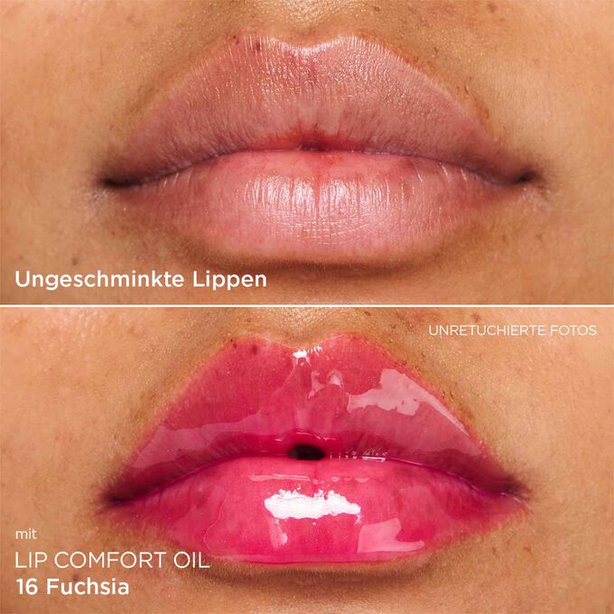 Vorher-Nachher-Nahaufnahme der Lippen einer Frau, die das Ergebnis nach der Anwendung des fuchsiafarbenen Lippenöls zeigt