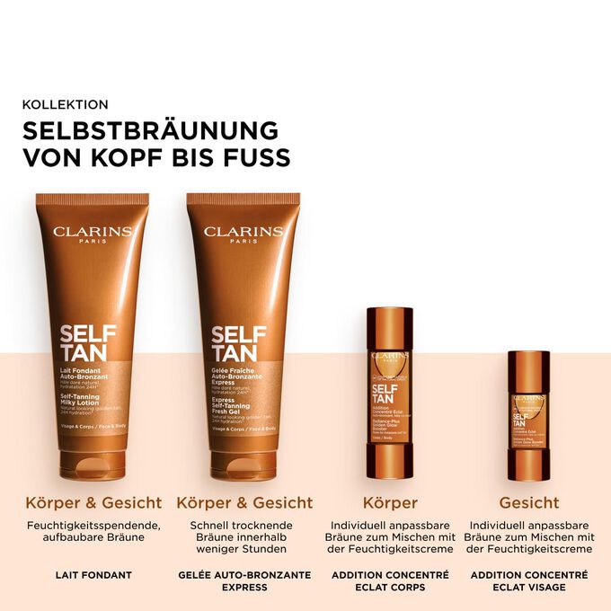 Packshots Clarins Selbstbr&auml;unungsproduktlinie f&uuml;r Gesicht und K&ouml;rper, die f&uuml;r strahlenden, sonnig-goldenen Glow sorgt.