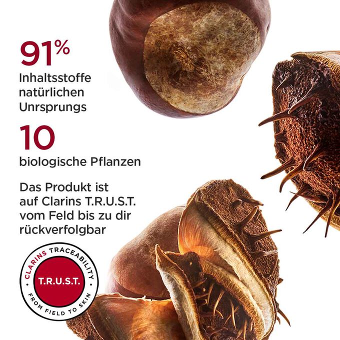 Rosskastanien und Textinfo,  91% Inhaltsstoffe der Creme sind natürlichen Ursprungs und 10 biologische Pflanzenextrakte.