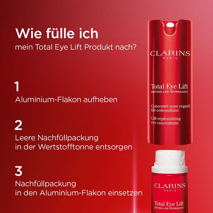 How to recycle Clarins Total Eye Lift process: Keep the metal packaging, recycle the empty refill, and insert a new refill into the packaging.