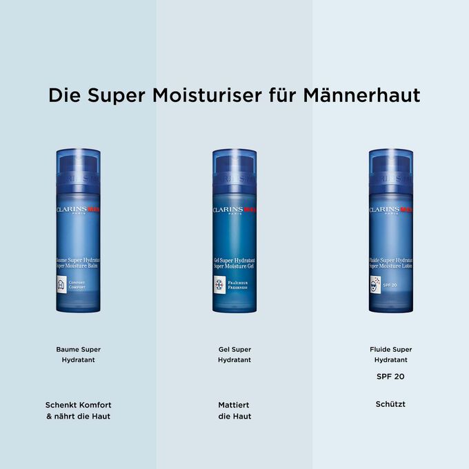 3 Moisturiser für Männerhaut von ClarinsMen zur Wahl je nach Hautbedürfnis: Balsam, Gel und Fluide SPF20