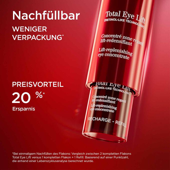 Total Eye Lift Verpackung mit Refill und Textinfo, dass durch Nachf&uuml;llung  73% weniger Umweltbelastung entsteht