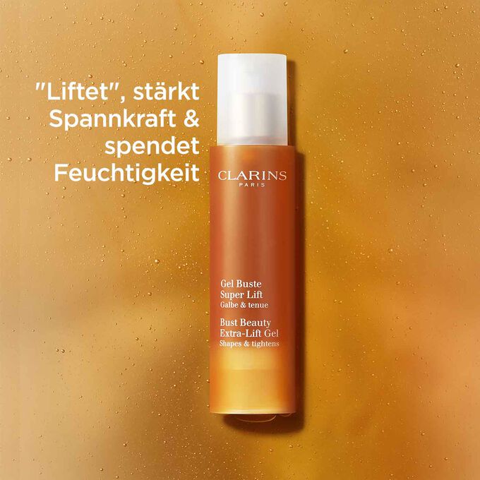 Clarins Gel Buste liftendes Gel mit Text, der die straffende und Feuchtigkeit spendende Wirkung des Produkts hervorhebt
