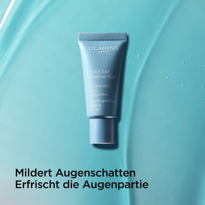 Clarins Total Eye Contour Gel mit Text, der besagt, Augenschatten werden gemildert und die Augenpartie erfrischt