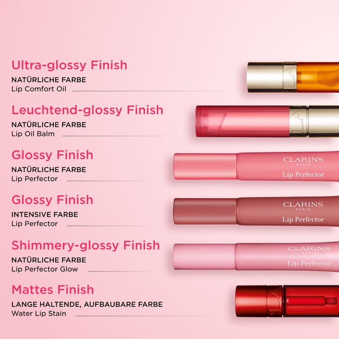Das Must-have-Lippen-Sortiment von Clarins: Lip Oil, Lip Balm, Lip Stain und Lip Perfector f&uuml;r nat&uuml;rliche Farbe, Komfort und langanhaltenden Glanz