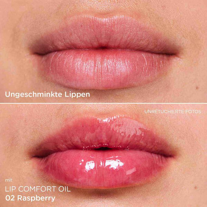 Vorher-Nachher-Nahaufnahme der Lippen einer Frau, die das Ergebnis nach der Anwendung des dunkelrosa Lippenöls zeigt