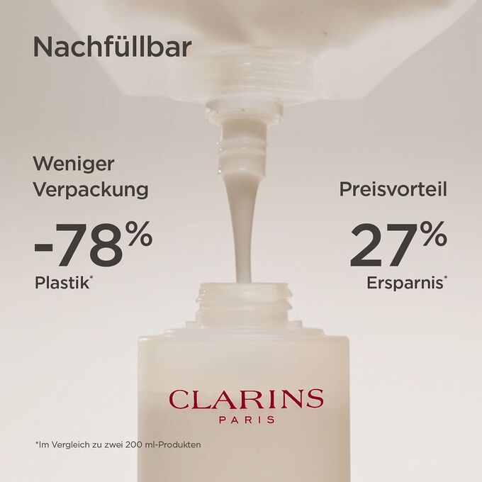 Refill der Clarins Reinigungsmilch und Textinfo, dass sie den Plastikverbrauch um 78 % reduziert und du 27 % Geld sparst.