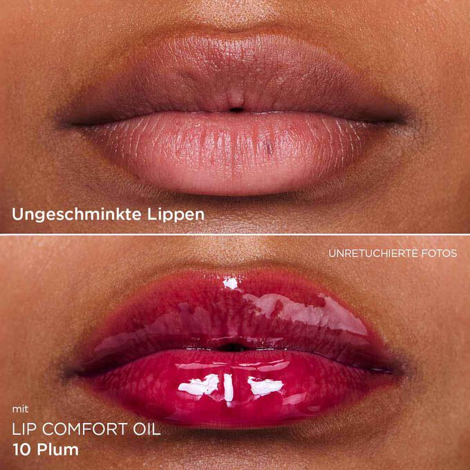 Vorher-Nachher-Nahaufnahme der Lippen einer Frau, die das Ergebnis nach der Anwendung des lila Lippenöls zeigt