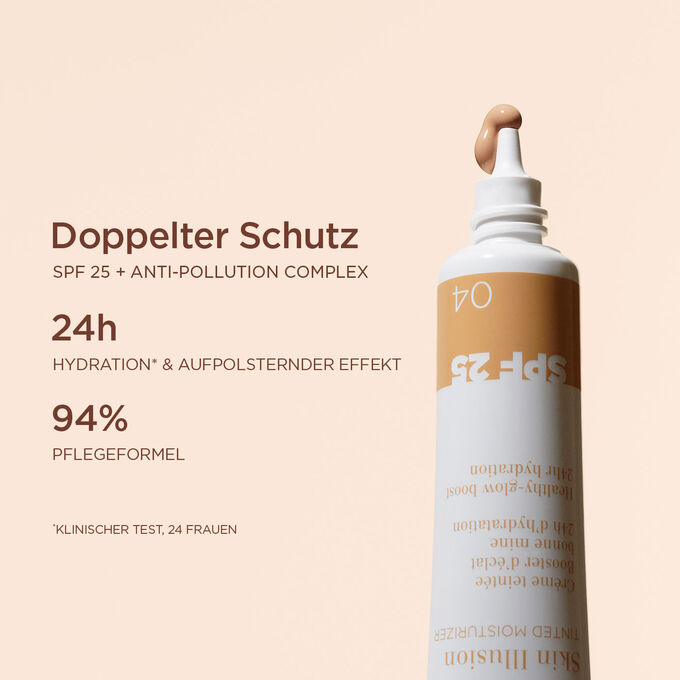 Offene Tube Skin Perfector in mittlerem Farbton, die den doppelten Schutz vor Sonne und Umweltbelastung sowie die feuchtigkeitsspendende Wirkung hervorhebt