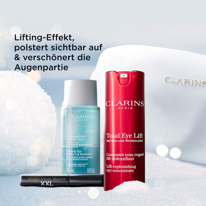 Clarins Weihnachtsset setzt die Augenpflege in Szene, die strafft, aufpolstert und die Augenpartie sichtbar verschönert.