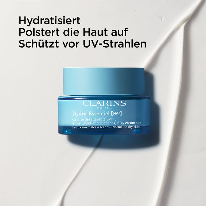 Clarins Hydra-Essentiel Crème SPF15 mit Textinfo zum UV-Schutz und aufpolsternder Wirkung