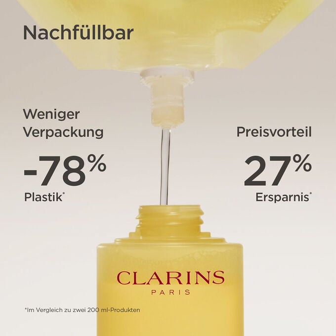 Refill der Clarins Gesichtslotion und Textinfo, dass es den Plastikverbrauch um 78 % reduziert und du 27 % Geld sparst. Refill der Clarins Gesichtslotion und Textinfo, dass es den Plastikverbrauch um 78 % reduziert und du 27 % Geld sparst.