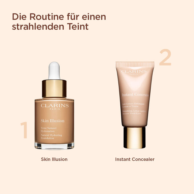 Clarins Routine für einen strahlenden Teint mit Instant Concealer und Skin Illusion SPF15.
