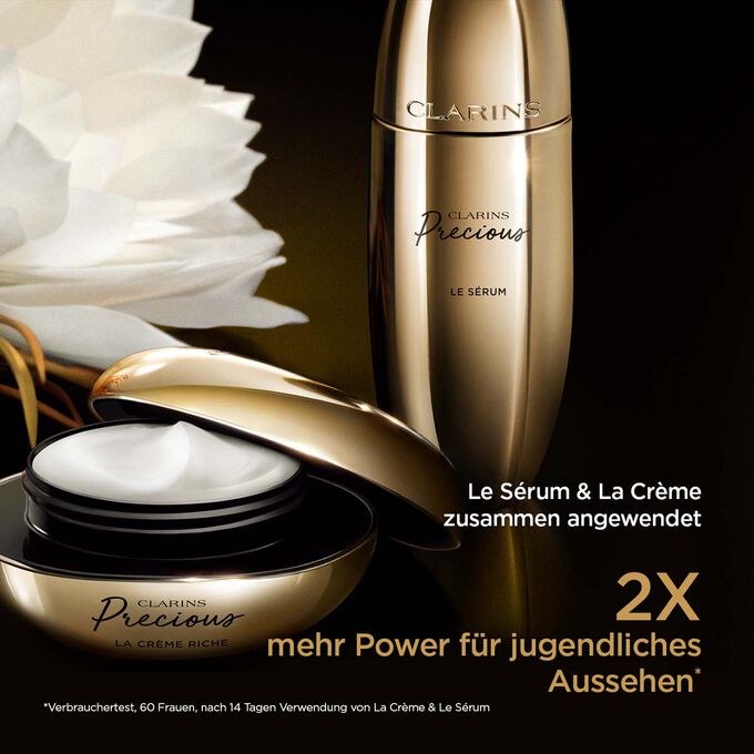 Tiegel La Crème und Flakon  Le Sérum, die zeigen, dass die Verwendung von beidem eine doppelt so hohe verjüngende Power hat