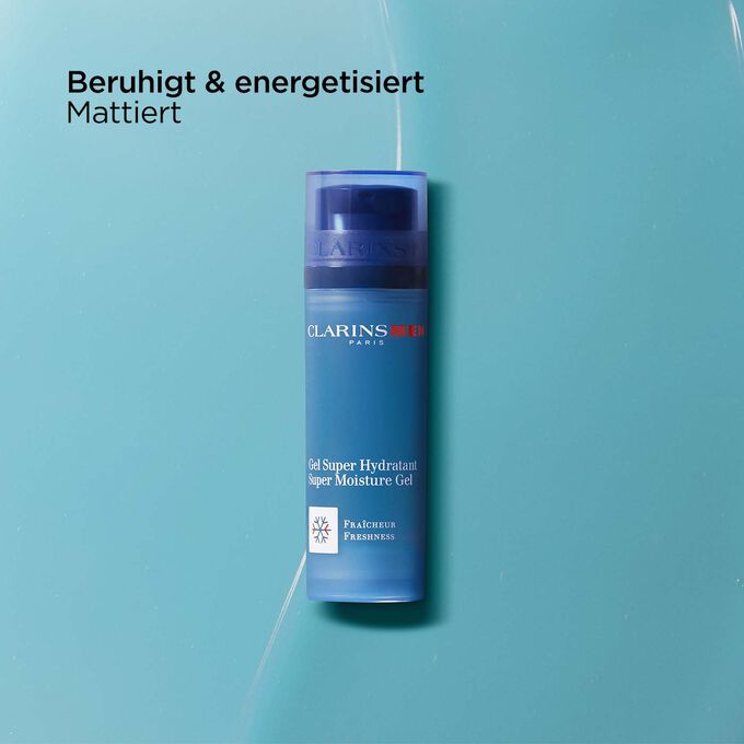 ClarinsMen Feuchtigkeitsgel mit Text, der über die beruhigende, energetisierende und mattierende Wirkung informiert