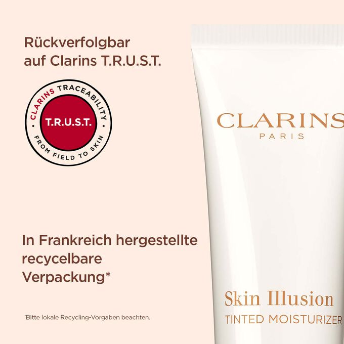 Tube und Textinfo, dass die recycelbare Verpackung Skin Illusion Tinted Moisturizer auf Clarins T.R.U.S.T. rückverfolgbar ist