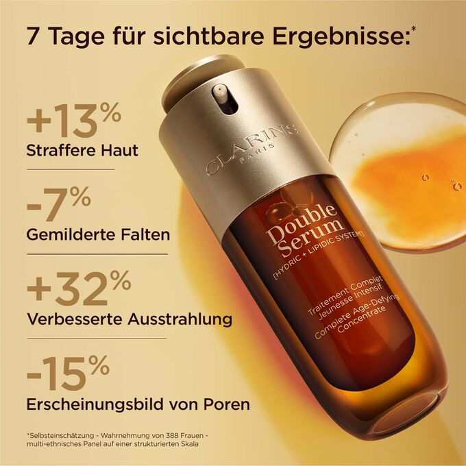 Flakon mit der Textur und den Ergebnissen nach 7 Tagen Anwendung von Double Serum.