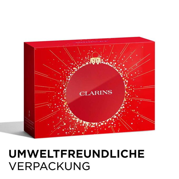 Clarins Weihnachtsgeschenkset mit umweltfreundlicher Verpackung, die Nachhaltigkeit unterstreicht.