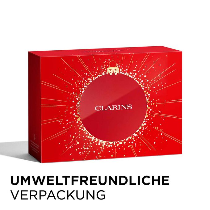 Clarins Weihnachtsgeschenkset mit umweltfreundlicher Verpackung, die Nachhaltigkeit unterstreicht.