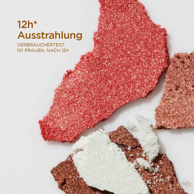 Verschiedener Rouge-Pudertöne mit Text, der die 12-stündige Strahlkraft der Palette illustriert, für lebendigen Glow