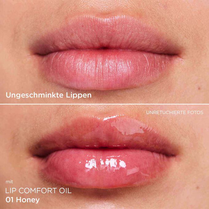 Lip Comfort Oil 01 Vorher-Nachher-Nahaufnahme der Lippen einer Frau, die das Ergebnis nach der Anwendung des orangefarbenen Lippenöls zeigt