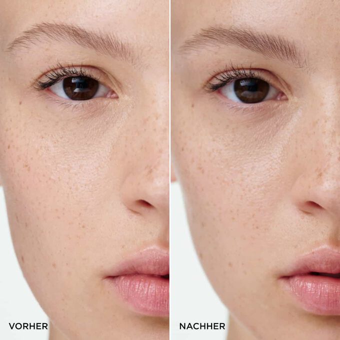 Vorher-Nachher-Augenbrauenvergleich nach Anwendung Clarins Light Brown Tinted Brow Gel, das f&uuml;r vollere, definiertere und nat&uuml;rlichere Ergebnisse sorgt.