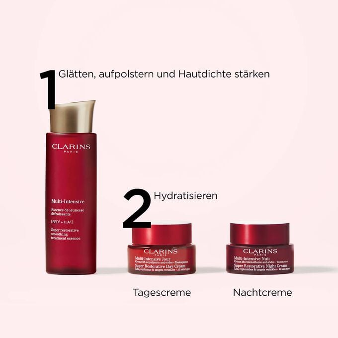Clarins Multi-Intensive Beauty-Routine f&uuml;r Tag & Nacht mit drei Produkten, die perfekte Anti-Aging Pflege f&uuml;r jeden Hauttyp.