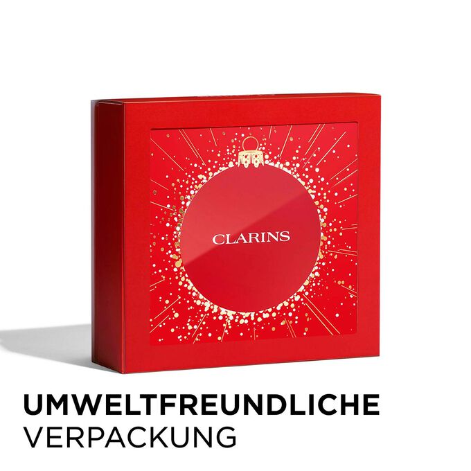 Clarins Weihnachtsgeschenkset mit umweltfreundlicher Verpackung, die Nachhaltigkeit unterstreicht.
