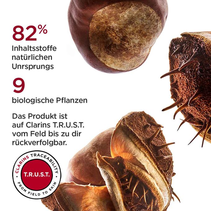 Rosskastanien und Textinfo,  82% Inhaltsstoffe der Creme sind natürlichen Ursprungs und 9 biologische Pflanzenextrakte.